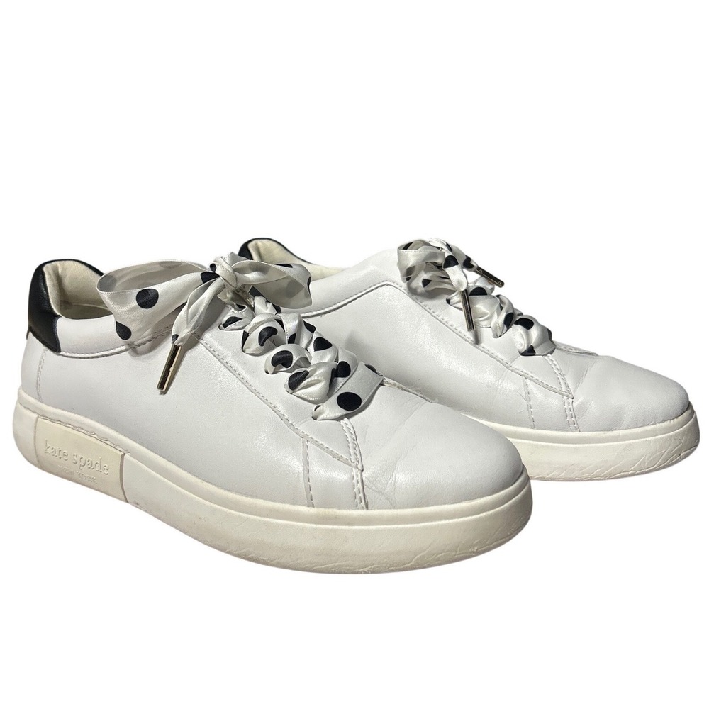 Kate Spade New York White Leather Polka Dot Ribbon Lace Sneakers Low Top Shoes
